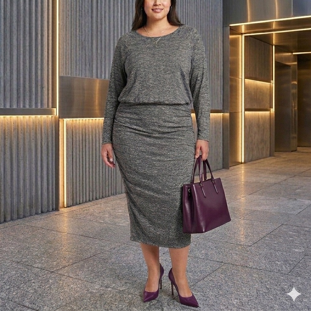 Womens Modern Knit Midi Dress Gray Ruched Blouson Space Dye Banana Republic XL